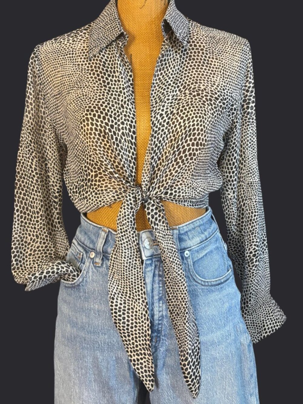 Vintage 2000s Sheer Snake Print Tie Front Button Up Blouse Boho Glam